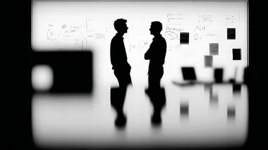 two colleagues discussing while standing next to a whiteboard filled with diagrams, modern industrial office, daylight, candid scene, realistic setting, photorealistic, 35mm (wide angle) lens, low view, medium shot  rofile tiafjg9
