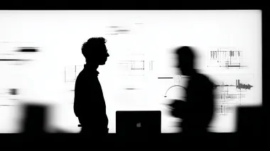 two colleagues discussing while standing next to a whiteboard filled with diagrams, modern industrial office, daylight, candid scene, realistic setting, photorealistic, 35mm (wide angle) lens, low view, medium shot  rofile tiafjg9