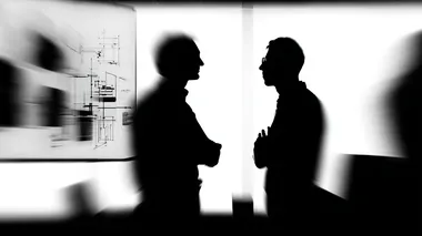 two colleagues discussing while standing next to a whiteboard filled with diagrams, modern industrial office, daylight, candid scene, realistic setting, photorealistic, 35mm (wide angle) lens, low view, medium shot  rofile tiafjg9