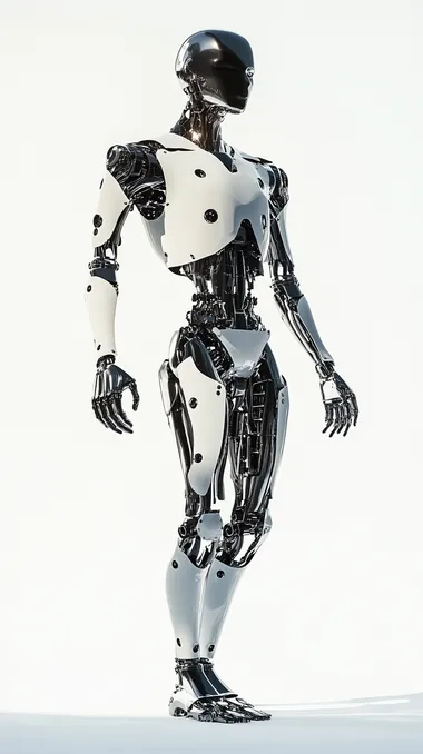 robotic human replacing real human, metallic and shadows siluetthe, modern art minimalistic design, 3d rendered, white background