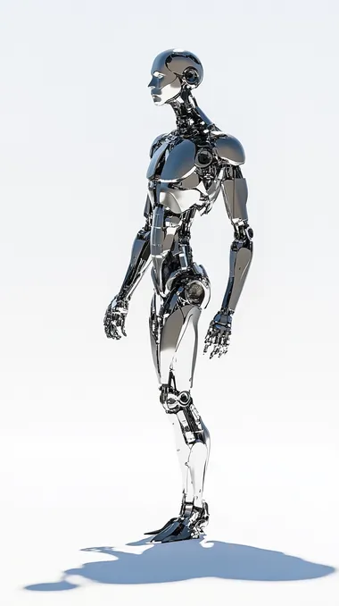 robotic human replacing real human, metallic and shadows siluetthe, modern art minimalistic design, 3d rendered, white background