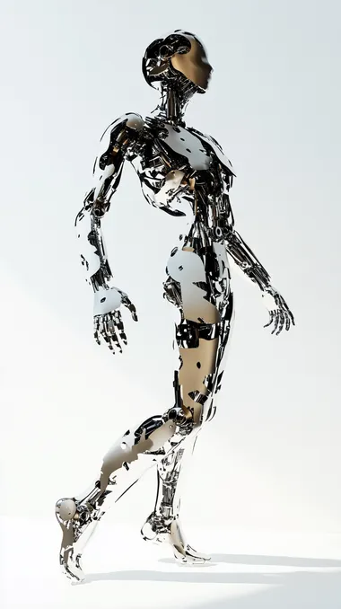 robotic human replacing real human, metallic and shadows siluetthe, modern art minimalistic design, 3d rendered, white background