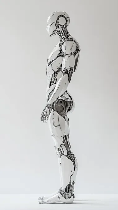 robotic human replacing real human, metallic and shadows siluetthe, modern art minimalistic design, 3d rendered, white background