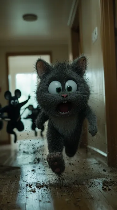 A hyper-realistic cinematic shot of Tom, the anthropomorphic gray cat with green eyes from Tom and Jerry, reimagined in live-action style, sprinting through a hallway inside a cozy home. His eyes are wide with panic, mouth open mid-yowl, as he dashes forward, tail trailing behind him. Just a few steps back, a group of real mice in black ninja outfits charge after him in perfect formation--tiny weapons like matchstick swords and paperclip throwing stars in hand. The warm indoor lighting casts dramatic shadows across the wooden floor, and furniture blurs with the speed of the chase. Shot with a Sony A7R IV, 35mm f/1.4 lens, cinematic lighting, warm interior tones with cool motion blurs, capturing the chaotic and humorous energy of a miniature uprising in full pursuit     rofile sa2lkul