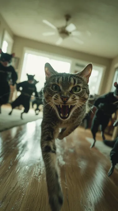 A hyper-realistic cinematic shot of Tom, the anthropomorphic gray cat with green eyes from Tom and Jerry, reimagined in live-action style, sprinting through a hallway inside a cozy home. His eyes are wide with panic, mouth open mid-yowl, as he dashes forward, tail trailing behind him. Just a few steps back, a group of real mice in black ninja outfits charge after him in perfect formation--tiny weapons like matchstick swords and paperclip throwing stars in hand. The warm indoor lighting casts dramatic shadows across the wooden floor, and furniture blurs with the speed of the chase. Shot with a Sony A7R IV, 35mm f/1.4 lens, cinematic lighting, warm interior tones with cool motion blurs, capturing the chaotic and humorous energy of a miniature uprising in full pursuit     rofile sa2lkul