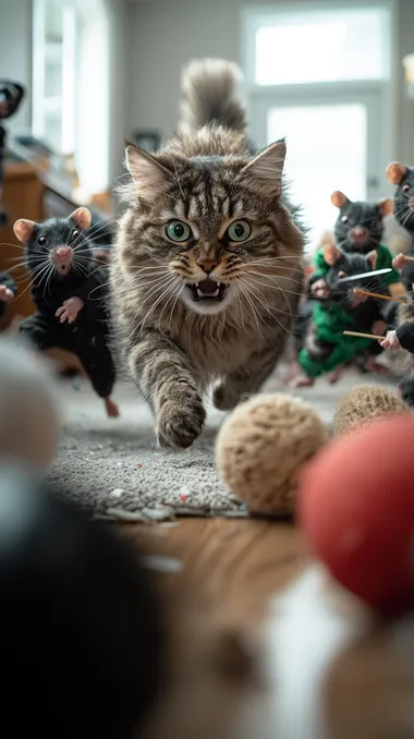 A hyper-realistic cinematic shot of Tom, the anthropomorphic gray cat with green eyes from Tom and Jerry, reimagined in live-action style, sprinting through a hallway inside a cozy home. His eyes are wide with panic, mouth open mid-yowl, as he dashes forward, tail trailing behind him. Just a few steps back, a group of real mice in black ninja outfits charge after him in perfect formation--tiny weapons like matchstick swords and paperclip throwing stars in hand. The warm indoor lighting casts dramatic shadows across the wooden floor, and furniture blurs with the speed of the chase. Shot with a Sony A7R IV, 35mm f/1.4 lens, cinematic lighting, warm interior tones with cool motion blurs, capturing the chaotic and humorous energy of a miniature uprising in full pursuit     rofile sa2lkul
