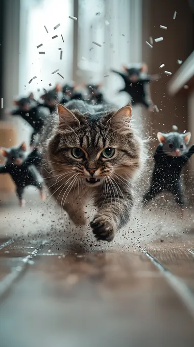 A hyper-realistic cinematic shot of Tom, the anthropomorphic gray cat with green eyes from Tom and Jerry, reimagined in live-action style, sprinting through a hallway inside a cozy home. His eyes are wide with panic, mouth open mid-yowl, as he dashes forward, tail trailing behind him. Just a few steps back, a group of real mice in black ninja outfits charge after him in perfect formation--tiny weapons like matchstick swords and paperclip throwing stars in hand. The warm indoor lighting casts dramatic shadows across the wooden floor, and furniture blurs with the speed of the chase. Shot with a Sony A7R IV, 35mm f/1.4 lens, cinematic lighting, warm interior tones with cool motion blurs, capturing the chaotic and humorous energy of a miniature uprising in full pursuit     rofile sa2lkul