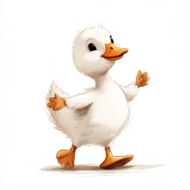 A cartoon baby geese walking, swinging its arms drawing, funny baby geese , white baby geese , cute baby geese, watercolor style, cartoon Disney Style, kid-friendly, toddler drawn, centered on a white background. no shadow.