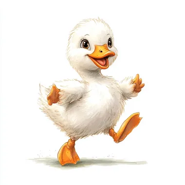 A cartoon baby geese walking, swinging its arms drawing, funny baby geese , white baby geese , cute baby geese, watercolor style, cartoon Disney Style, kid-friendly, toddler drawn, centered on a white background. no shadow.