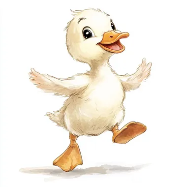 A cartoon baby geese walking, swinging its arms drawing, funny baby geese , white baby geese , cute baby geese, watercolor style, cartoon Disney Style, kid-friendly, toddler drawn, centered on a white background. no shadow.