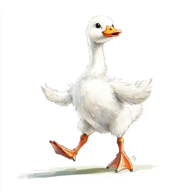 A cartoon baby geese walking, swinging its arms drawing, funny baby geese , white baby geese , cute baby geese, watercolor style, cartoon Disney Style, kid-friendly, toddler drawn, centered on a white background. no shadow.
