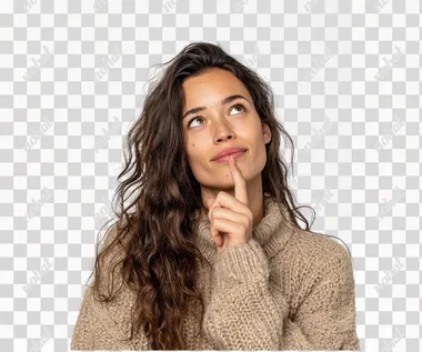 Photo of a brazilian woman wearing a beige sweater, with a expression of trying to remember something, looking slightly to the side with her head tilted upwards and her mouth closed. She has long, brown hair in loose waves. The background is a white studio.