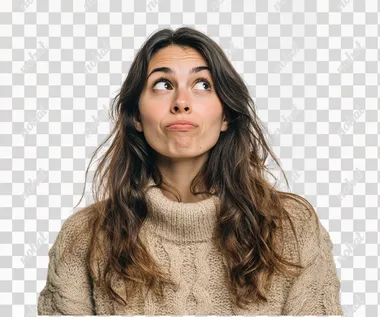 Photo of a brazilian woman wearing a beige sweater, with a expression of trying to remember something, looking slightly to the side with her head tilted upwards and her mouth closed. She has long, brown hair in loose waves. The background is a white studio.