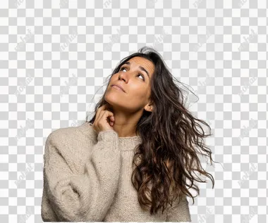 Photo of a brazilian woman wearing a beige sweater, with a expression of trying to remember something, looking slightly to the side with her head tilted upwards and her mouth closed. She has long, brown hair in loose waves. The background is a white studio.