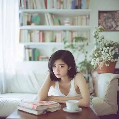 18 year old Japanese-Chinese girl, mature and elegant, fair skin, white tank top, reclining on the sofa in her bedroom, lazily looking at the camera, coffee and books on the coffee table next to her, behind her is the girl's bedroom scene in simplicity and white tones: bookshelves, flower arrangements and small furnishings, light green light, high sensitivity coarse grained film texture, shot by Fujifilm X100VI, aperture 5.6 Translated with DeepL.com (free version) --s 50