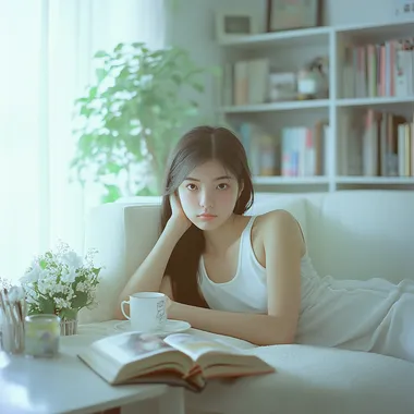 18 year old Japanese-Chinese girl, mature and elegant, fair skin, white tank top, reclining on the sofa in her bedroom, lazily looking at the camera, coffee and books on the coffee table next to her, behind her is the girl's bedroom scene in simplicity and white tones: bookshelves, flower arrangements and small furnishings, light green light, high sensitivity coarse grained film texture, shot by Fujifilm X100VI, aperture 5.6 Translated with DeepL.com (free version) --s 50