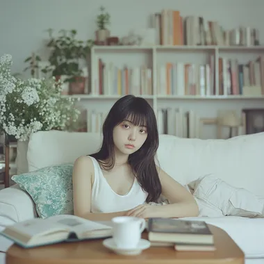 18 year old Japanese-Chinese girl, mature and elegant, fair skin, white tank top, reclining on the sofa in her bedroom, lazily looking at the camera, coffee and books on the coffee table next to her, behind her is the girl's bedroom scene in simplicity and white tones: bookshelves, flower arrangements and small furnishings, light green light, high sensitivity coarse grained film texture, shot by Fujifilm X100VI, aperture 5.6 Translated with DeepL.com (free version) --s 50