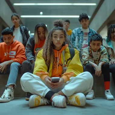 Ultra-realistic, 8K Leica camera shot of a diverse group of latin american teenagers sitting in a modern, urban environment, each expressing different emotions like curiosity, confusion, and reflection. The scene includes subtle visual elements representing social media (e.g., phones, chat bubbles), cultural diversity (e.g., clothing styles, symbols), and technology (e.g., screens, digital graphics). The background features a mix of urban structures and nature, symbolizing the intersection of societal and personal influences. Soft, natural lighting with a reflective and thought-provoking atmosphere
