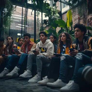 Ultra-realistic, 8K Leica camera shot of a diverse group of latin american teenagers sitting in a modern, urban environment, each expressing different emotions like curiosity, confusion, and reflection. The scene includes subtle visual elements representing social media (e.g., phones, chat bubbles), cultural diversity (e.g., clothing styles, symbols), and technology (e.g., screens, digital graphics). The background features a mix of urban structures and nature, symbolizing the intersection of societal and personal influences. Soft, natural lighting with a reflective and thought-provoking atmosphere