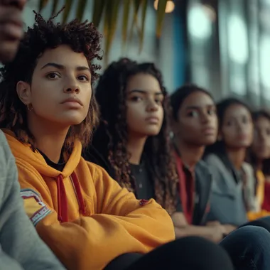 Ultra-realistic, 8K Leica camera shot of a diverse group of latin american teenagers sitting in a modern, urban environment, each expressing different emotions like curiosity, confusion, and reflection. The scene includes subtle visual elements representing social media (e.g., phones, chat bubbles), cultural diversity (e.g., clothing styles, symbols), and technology (e.g., screens, digital graphics). The background features a mix of urban structures and nature, symbolizing the intersection of societal and personal influences. Soft, natural lighting with a reflective and thought-provoking atmosphere