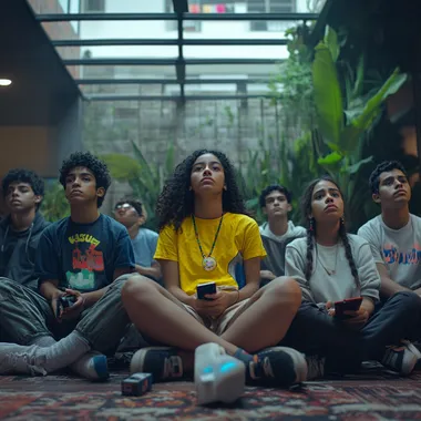 Ultra-realistic, 8K Leica camera shot of a diverse group of latin american teenagers sitting in a modern, urban environment, each expressing different emotions like curiosity, confusion, and reflection. The scene includes subtle visual elements representing social media (e.g., phones, chat bubbles), cultural diversity (e.g., clothing styles, symbols), and technology (e.g., screens, digital graphics). The background features a mix of urban structures and nature, symbolizing the intersection of societal and personal influences. Soft, natural lighting with a reflective and thought-provoking atmosphere