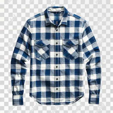 Photoreal, Blue and White Plaid Flannel Shirt, solid white background. simple and minimal. Realistic, refine figures. clean outline, Perfect, clean, sharp lines, beautiful design, no extra detail.