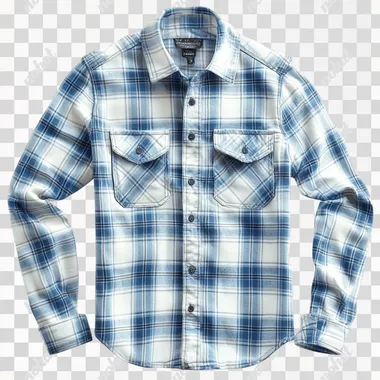 Photoreal, Blue and White Plaid Flannel Shirt, solid white background. simple and minimal. Realistic, refine figures. clean outline, Perfect, clean, sharp lines, beautiful design, no extra detail.