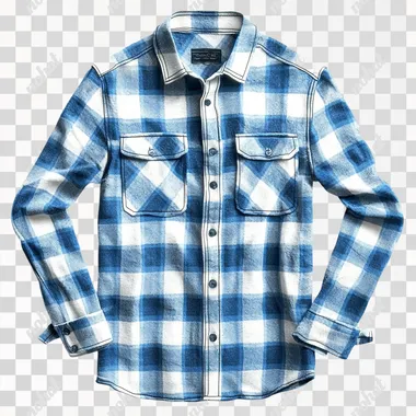 Photoreal, Blue and White Plaid Flannel Shirt, solid white background. simple and minimal. Realistic, refine figures. clean outline, Perfect, clean, sharp lines, beautiful design, no extra detail.