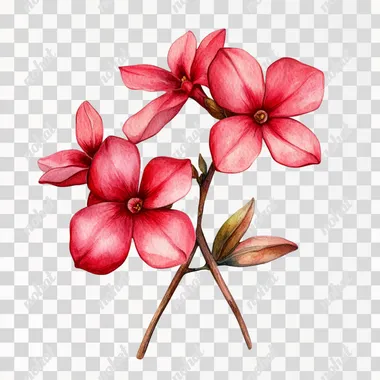 3 daphne flowers with 4 petals, red color with the hint of pink, in the style of illustration water colors, white background, 4k, ultra hd