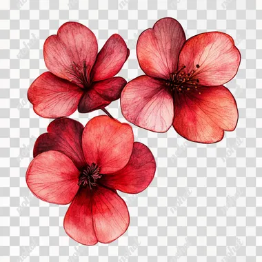 3 daphne flowers with 4 petals, red color with the hint of pink, in the style of illustration water colors, white background, 4k, ultra hd