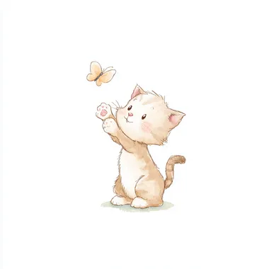 Adorably cute watercolor clipart of a [playful kitten reaching for a butterfly], in a simple whimsical minimalistic cartoon style, neutral, isolated on white background --raw rofile 943hi26