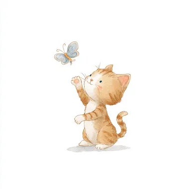 Adorably cute watercolor clipart of a [playful kitten reaching for a butterfly], in a simple whimsical minimalistic cartoon style, neutral, isolated on white background --raw rofile 943hi26