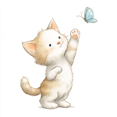Adorably cute watercolor clipart of a [playful kitten reaching for a butterfly], in a simple whimsical minimalistic cartoon style, neutral, isolated on white background --raw rofile 943hi26