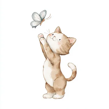 Adorably cute watercolor clipart of a [playful kitten reaching for a butterfly], in a simple whimsical minimalistic cartoon style, neutral, isolated on white background --raw rofile 943hi26