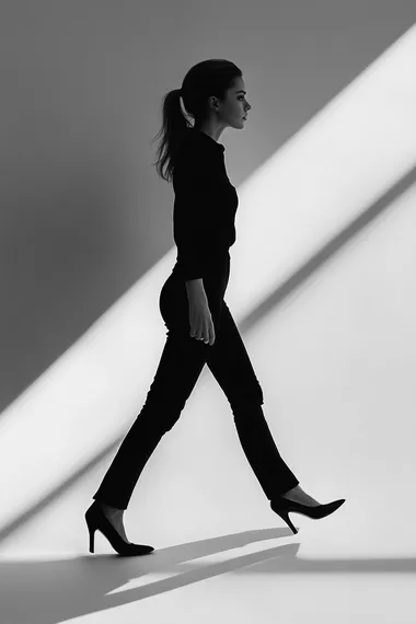 black and white photo of a woman walking in isolated background.floor is white. isolate shadow --s 250