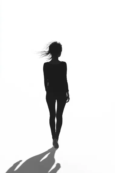 black and white photo of a woman walking in isolated background.floor is white. isolate shadow --s 250