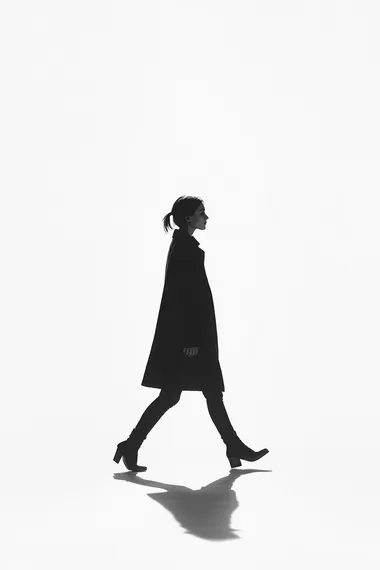 black and white photo of a woman walking in isolated background.floor is white. isolate shadow --s 250