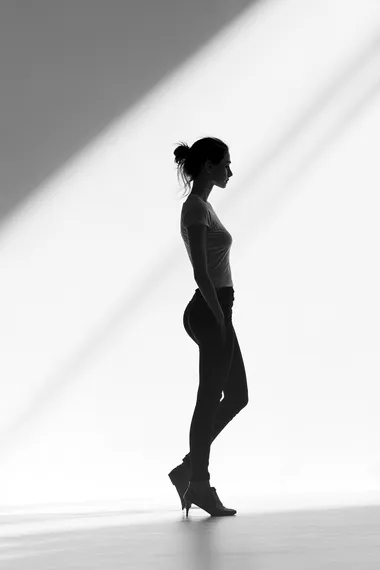 black and white photo of a woman walking in isolated background.floor is white. isolate shadow --s 250