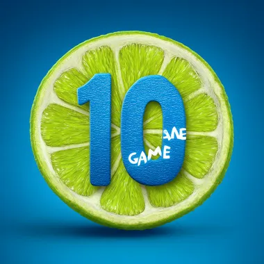 game icon, game logo, simple lime slice with big text witch says "10" on it, mobile app design for casual gaming audience, bright blue text, high resolution, high detail, vibrant colors, professional vector art, large number of details, 3D rendering, high definition, sharp focus, smooth edges