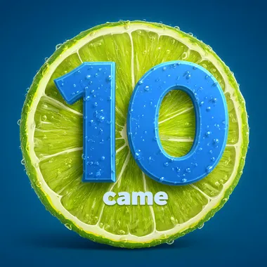 game icon, game logo, simple lime slice with big text witch says "10" on it, mobile app design for casual gaming audience, bright blue text, high resolution, high detail, vibrant colors, professional vector art, large number of details, 3D rendering, high definition, sharp focus, smooth edges