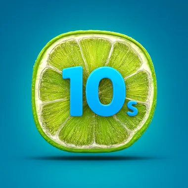 game icon, game logo, simple lime slice with big text witch says "10" on it, mobile app design for casual gaming audience, bright blue text, high resolution, high detail, vibrant colors, professional vector art, large number of details, 3D rendering, high definition, sharp focus, smooth edges