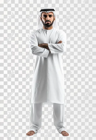 on white background straight standing emirati man, angry. 30 years old, with black short hair, wearing white high neck collar dishdasha, and qhutra on his shoulders. looking at the viewer . Captured using Canon EOS R5 camera with RF60mm F2 lens for sharpness and detail., ultra realistic photo, cinematic light . Full body shot