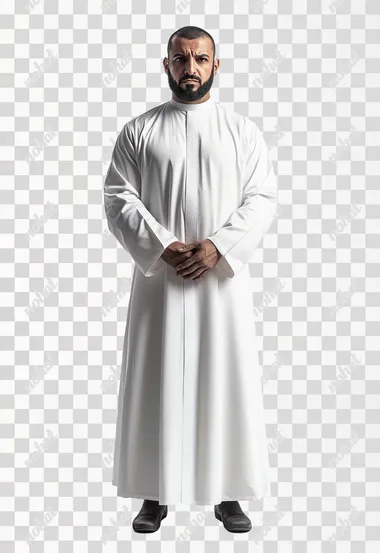 on white background straight standing emirati man, angry. 30 years old, with black short hair, wearing white high neck collar dishdasha, and qhutra on his shoulders. looking at the viewer . Captured using Canon EOS R5 camera with RF60mm F2 lens for sharpness and detail., ultra realistic photo, cinematic light . Full body shot