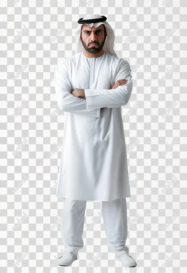 on white background straight standing emirati man, angry. 30 years old, with black short hair, wearing white high neck collar dishdasha, and qhutra on his shoulders. looking at the viewer . Captured using Canon EOS R5 camera with RF60mm F2 lens for sharpness and detail., ultra realistic photo, cinematic light . Full body shot