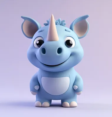 A cute cartoon blue rhinoceros, a blind box toy, a chibi sticker design, a simple background, soft lighting, a C4D OC render style, a Daz3D-style, a clay material, a Pixar animation style, a white and purple color scheme, a solid color clean background.