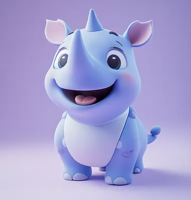 A cute cartoon blue rhinoceros, a blind box toy, a chibi sticker design, a simple background, soft lighting, a C4D OC render style, a Daz3D-style, a clay material, a Pixar animation style, a white and purple color scheme, a solid color clean background.