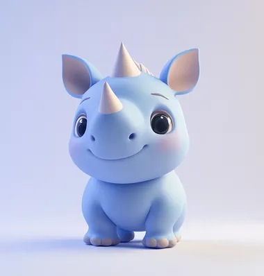 A cute cartoon blue rhinoceros, a blind box toy, a chibi sticker design, a simple background, soft lighting, a C4D OC render style, a Daz3D-style, a clay material, a Pixar animation style, a white and purple color scheme, a solid color clean background.