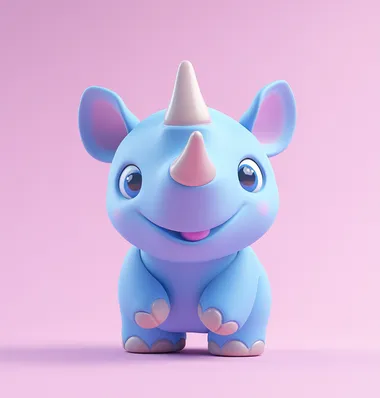 A cute cartoon blue rhinoceros, a blind box toy, a chibi sticker design, a simple background, soft lighting, a C4D OC render style, a Daz3D-style, a clay material, a Pixar animation style, a white and purple color scheme, a solid color clean background.