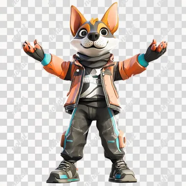 anthropomorphic dog character wearing apparel. smooth edges, complex geometry, game-ready, character, symmetric geometry, arms up