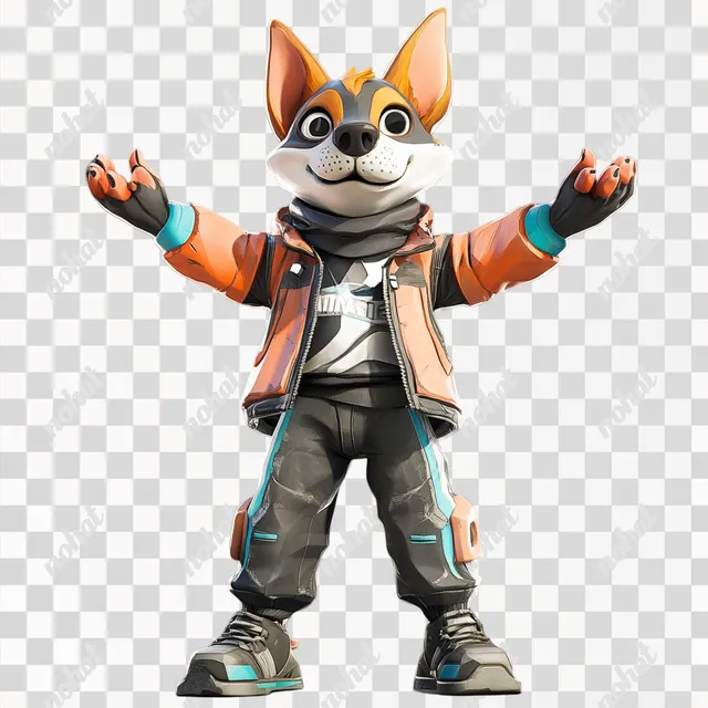 PNG Anthropomorphic dog character in stylish jacket and boots, arms up
